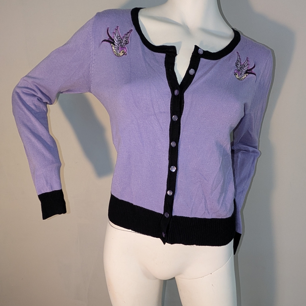 Banned Apparel Embroidered Lavender Cardigan with Embroidered Swallows